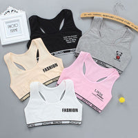 Junior Girl Racerback Cotton Sport Training Bra Letter Print Solid Color Wide Strap Underwear Bralette Seamless Layered Crop Top